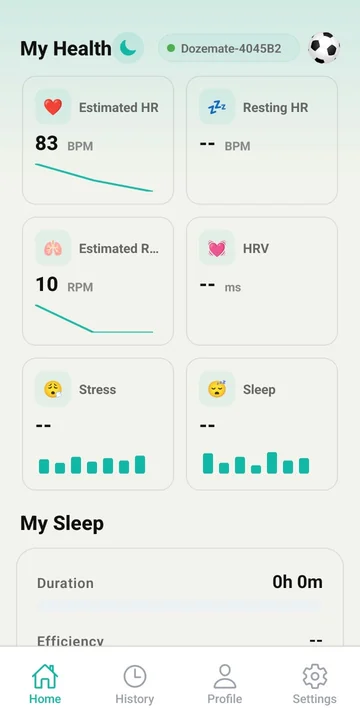 Dozemate app home screen with live heart rate and breathing