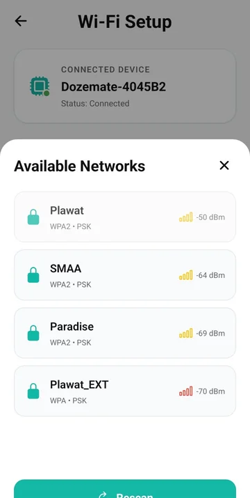 Dozemate app Wi-Fi network list during setup