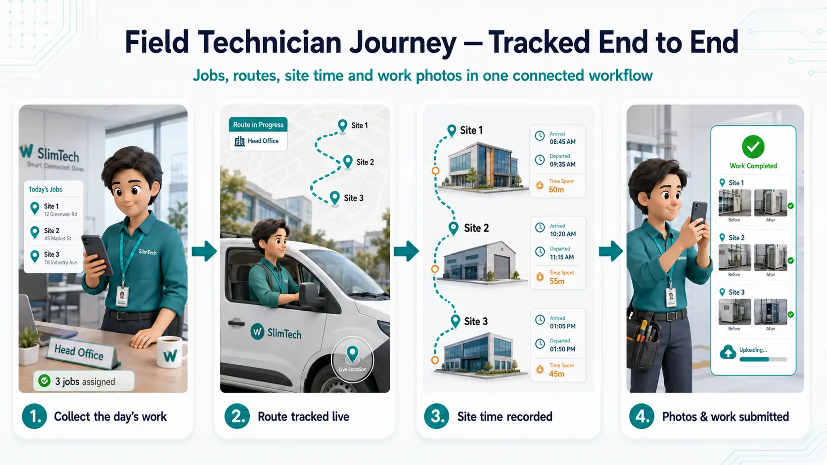 Four steps: collect the day's work, route tracked live, site time recorded, photos and work submitted